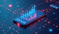 Smartphone displays financial graph and analytics data. Mobile app shows business charts and trends for data analysis. Digital Royalty Free Stock Photo