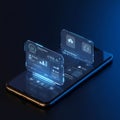 A smartphone displays futuristic holographic interfaces projected above its screen. Royalty Free Stock Photo