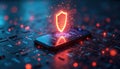 Smartphone displays glowing shield symbol over circuit board. Digital data streams flow around device, indicating secure Royalty Free Stock Photo