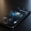 A smartphone displays a high-tech augmented reality interface on a dark surface. Royalty Free Stock Photo