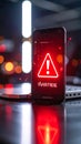 Smartphone displays red warning alert with exclamation point icon on reflective surface Royalty Free Stock Photo