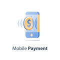 Smartphone and dollar coin, mobile payment, online banking, financial services, send money