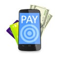 Smartphone, dollar notes and credit cards for mobile payment