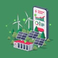 Smartphone electricity app for renewable power stations solar panels, wind, battery storage