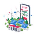 Smartphone electricity app for renewable power stations solar panels, wind, battery storage