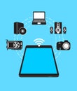 Smartphone. Electronic device icons. Laptop, system unit, speakers, memory card, disk, smartphone, and camera Royalty Free Stock Photo
