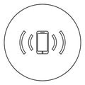 Smartphone emits radio waves Sound wave Emitting waves concept icon in circle round outline black color vector illustration flat