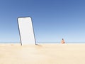 Smartphone with empty screen on sandy beach near anonymous lady