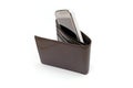 Smartphone in an empty wallet, e-wallet payment concept. Royalty Free Stock Photo