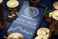 Smartphone with Ethereum trading chart on-screen among piles of golden Ether coins.