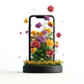 Smartphone Exploding into Vibrant Flowers on White Background