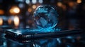 A smartphone featuring an interactive holographic display that illustrates global network connections and data flow, representing Royalty Free Stock Photo