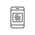 Smartphone fingerprint lock, icon in line design. Smartphone, fingerprint, lock, security, biometric, access on white