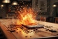 Smartphone on fire exploding over dinning table