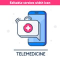 The smartphone, first aid kit in the message bubble. Telemedicine vector outline icon