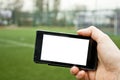 Smartphone and football pitch Royalty Free Stock Photo