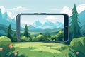 Smartphone in the forest with mountains on the background. Vector illustration Royalty Free Stock Photo