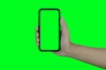 Smartphone frameless mockup. Studio shot of green screen smartphone with blank screen for Infographic Global Business web site Royalty Free Stock Photo