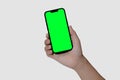 Smartphone frameless mockup. Studio shot of green screen smartphone with blank screen for Infographic Global Business Royalty Free Stock Photo