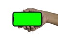 Smartphone frameless mockup. Studio shot of green screen smartphone with blank screen for Infographic Global Business web site Royalty Free Stock Photo