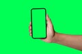 Smartphone frameless mockup. Studio shot of green screen smartphone with blank screen