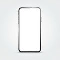 A smartphone with a frameless, sleek black design is depicted on a plain light gray Royalty Free Stock Photo