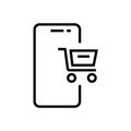 Smartphone functions and apps line icon. Mobile phone specification sign, online shopping badge. Vector linear