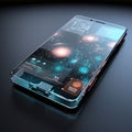 Smartphone with futuristic interface on black background. 3D illustration Royalty Free Stock Photo