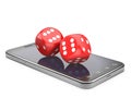 Smartphone with game dices. Online play concept.