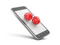 Smartphone with game dices. Online play concept.