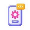 Smartphone with gear and code symbol. Smartphone setting and tools. Development, coding and programming concept. 3d vector icon. Royalty Free Stock Photo