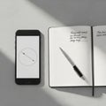 Pen rests on the notebook placed on a smooth light gray surface. Royalty Free Stock Photo