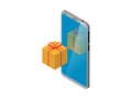 mobile phone with gift box at screen. isometry