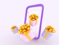 Smartphone with gift boxes flying out of screen. Shopping sale promotion, consumers app. Fortune, bonus for store Royalty Free Stock Photo