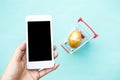 Smartphone in girl hand over blurred easter egg in shopping cart Royalty Free Stock Photo