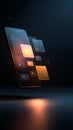 Smartphone with glowing digital interface elements floating above screen, futuristic technology concept with dark background and Royalty Free Stock Photo