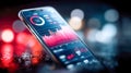 Smartphone with glowing financial dashboard interface showing charts and analytics in neon red tones Royalty Free Stock Photo