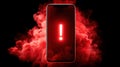 A smartphone with a glowing red exclamation mark inside a red cloud on a black backdrop. Royalty Free Stock Photo