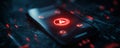 Smartphone with glowing red play button on screen, futuristic technology concept with dark background and digital light effects Royalty Free Stock Photo