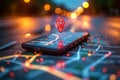 Smartphone GPS icon on traffic road map, generative AI concept