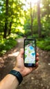 Smartphone GPS Navigation on a Sunny Forest Trail Royalty Free Stock Photo