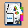 Smartphone with graphs and calculator on notebook,creative business,cell phone illustration Royalty Free Stock Photo