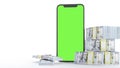 Smartphone with a green blank screen with dollars on white background business concept,