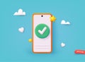 Smartphone with green check mark on mobile application. To do list, time and task management, done. 3D Vector Illustrations