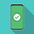 Smartphone with green checkmark notification in a flat design