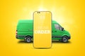 Smartphone and green minibus on a yellow background. Delivery concept, online ordering, phone application, moving. Delivery by car