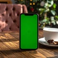 Smartphone Green Screen Display Tabletop Coffee Cup and Christmas Tree Blurred Background Royalty Free Stock Photo
