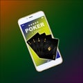 Smartphone and Grunge Playing Cards on a green background. Online poker concept. Gambling.3D illustration