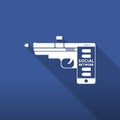 Smartphone gun weapon white color, Cyber crime in social network concept idea on blue gradient