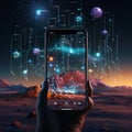 Smartphone in hand against the background of the planet. 3d rendering